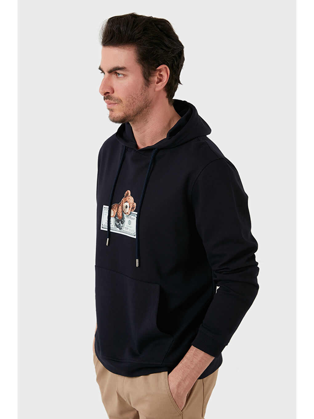 Lacivert Pamuklu Regular Fit Baskılı Kanguru Cepli Kapüşonlu Sweat 6141004B-1