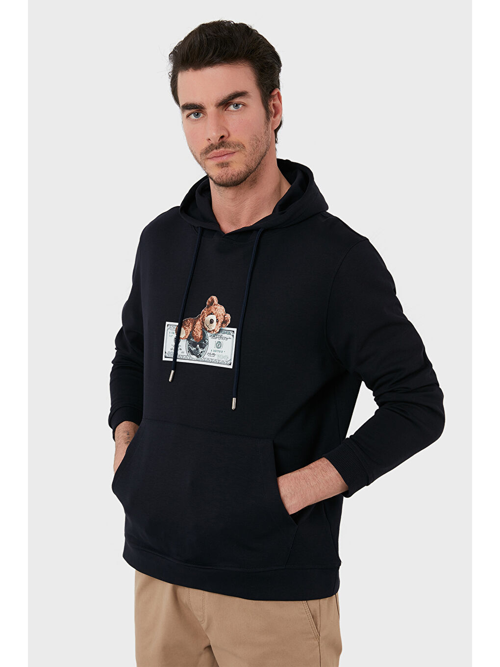 Lacivert Pamuklu Regular Fit Baskılı Kanguru Cepli Kapüşonlu Sweat 6141004B-2