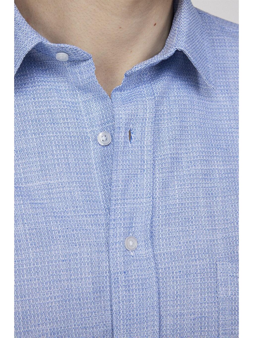 Klasik Fit Uzun Kol Keten Efekt Düz Biyeli Mavi Gömlek-4