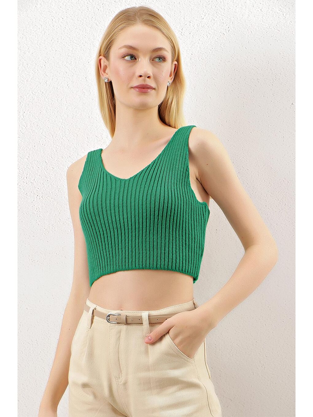 Kadın Yeşil Askılı V Yaka Triko Crop-3