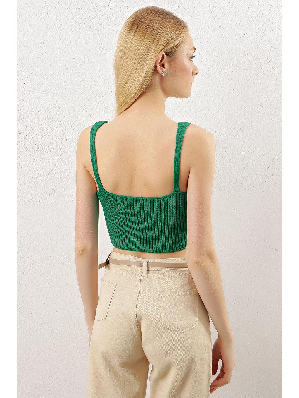 Kadın Yeşil Askılı V Yaka Triko Crop-4