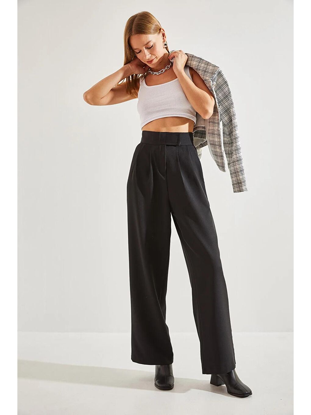 Siyah Kadın Cırtlı Pileli Palazzo Pantolon