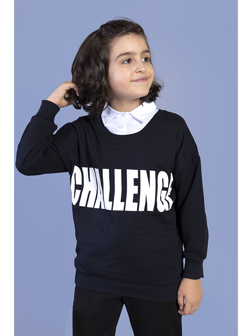 Lacivert Erkek Çocuk Baskılı Gömlek Yaka Sweatshirt