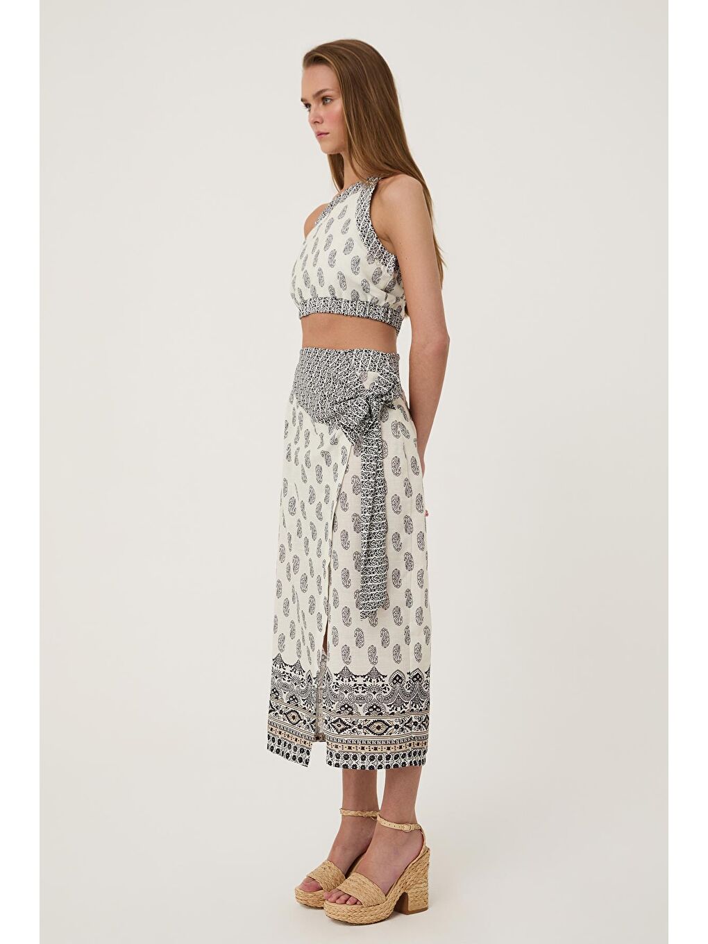 Bej Desenli Anvelop Bağlama Detaylı Keten Etek Naturel-2