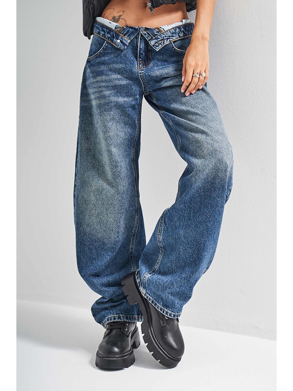 Mavi Kadın Jean Rengi 2w5-32 Baggy Balon Fit Kemer Detaylı İç Boy 81cm Tasarım Denim Jean