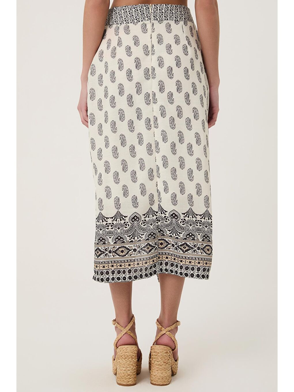 Bej Desenli Anvelop Bağlama Detaylı Keten Etek Naturel-4
