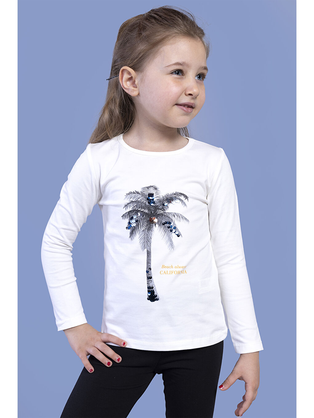 Ekru Kız Çocuk Palmiye Baskılı Pul İşlemeli Tişört-2