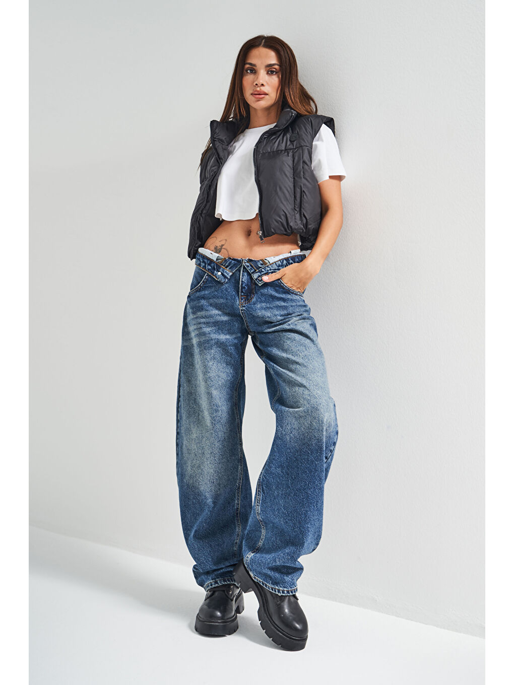 Mavi Kadın Jean Rengi 2w5-32 Baggy Balon Fit Kemer Detaylı İç Boy 81cm Tasarım Denim Jean-1