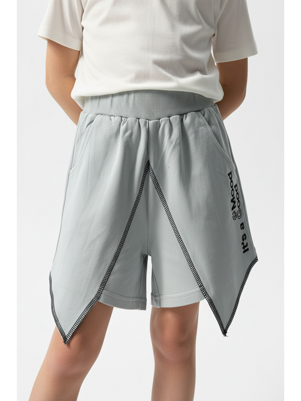 Gri Kız Çocuk Mood It S A Good Nakışlı Şort-4