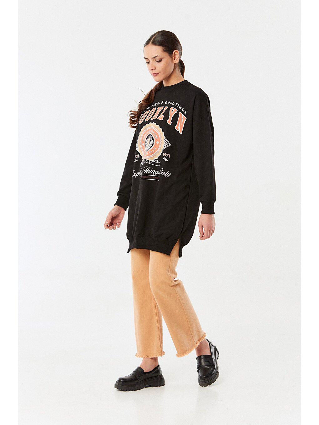 Siyah Brooklyn Baskılı Uzun Sweatshirt