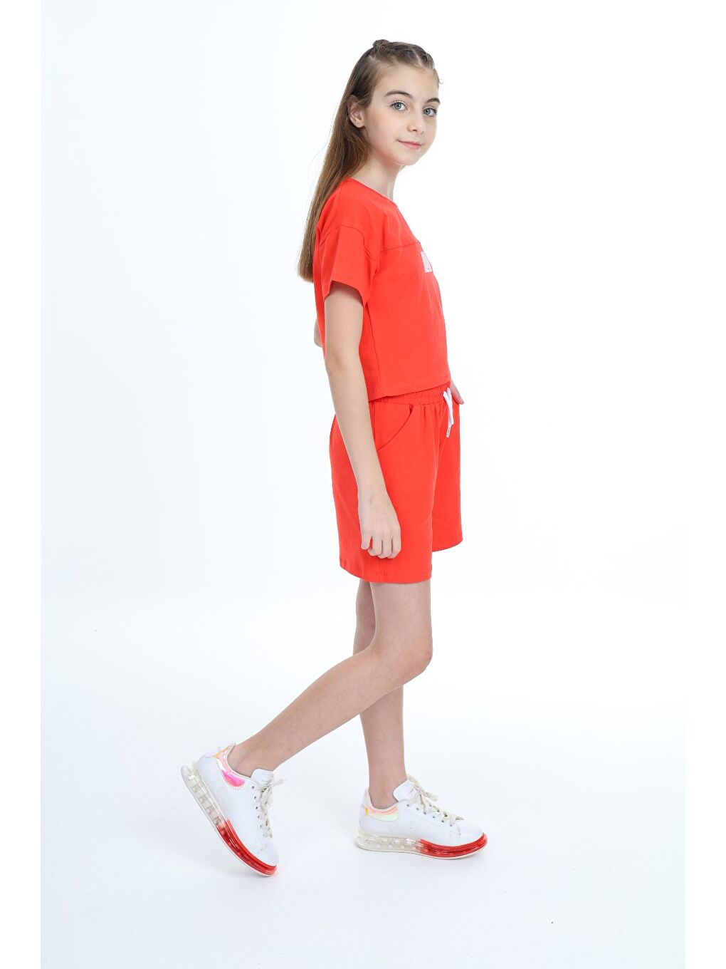 Kırmızı Kız Çocuk 2'li Takım Baskılı Bisiklet Yaka T-Shirt & Beli Lastikli Cepli Şort-3