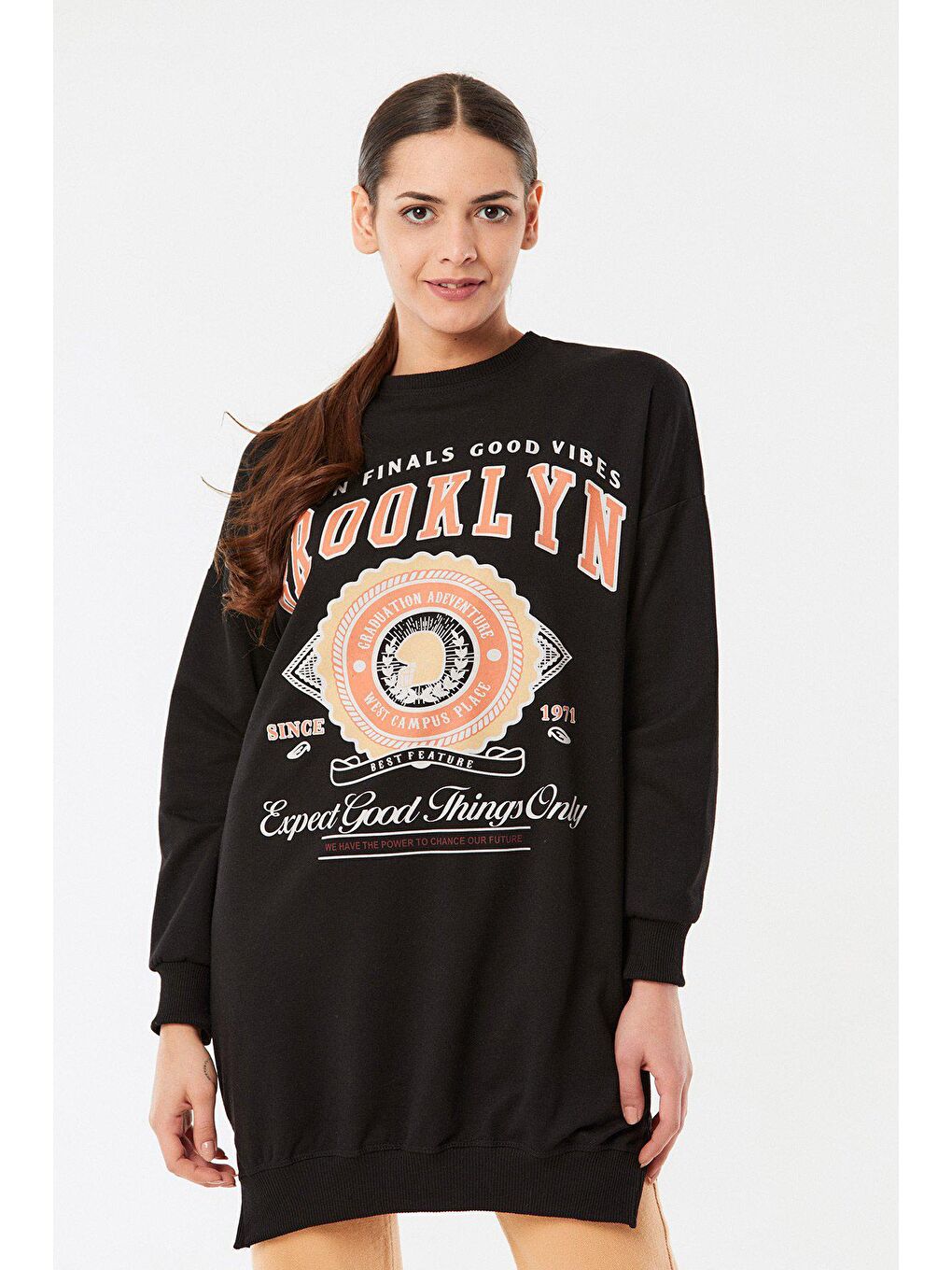 Siyah Brooklyn Baskılı Uzun Sweatshirt-1