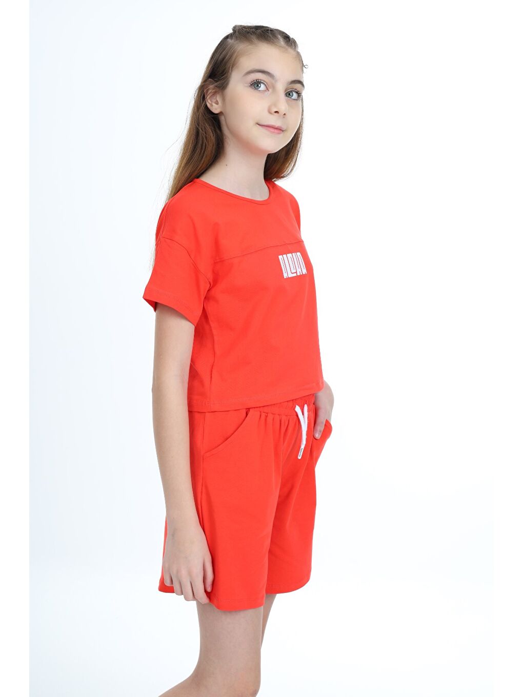 Kırmızı Kız Çocuk 2'li Takım Baskılı Bisiklet Yaka T-Shirt & Beli Lastikli Cepli Şort-4