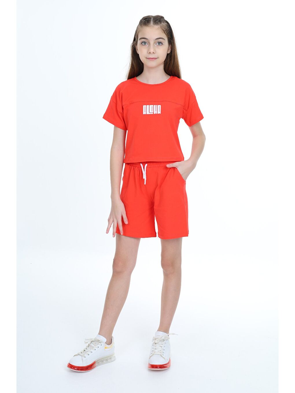 Kırmızı Kız Çocuk 2'li Takım Baskılı Bisiklet Yaka T-Shirt & Beli Lastikli Cepli Şort-5