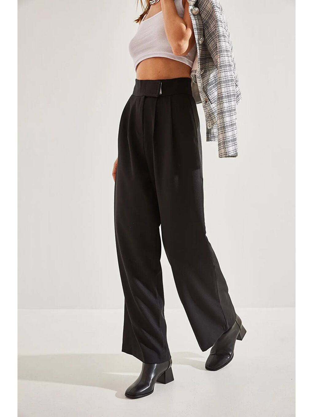 Siyah Kadın Cırtlı Pileli Palazzo Pantolon-4