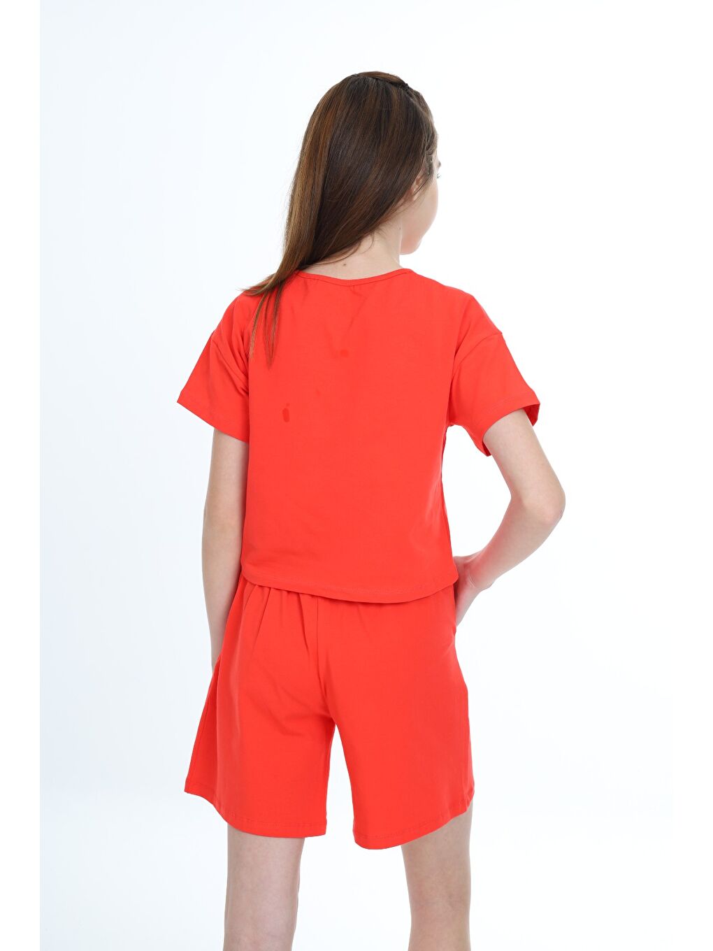 Kırmızı Kız Çocuk 2'li Takım Baskılı Bisiklet Yaka T-Shirt & Beli Lastikli Cepli Şort-6