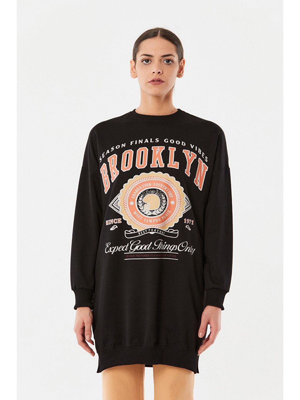 Siyah Brooklyn Baskılı Uzun Sweatshirt-4