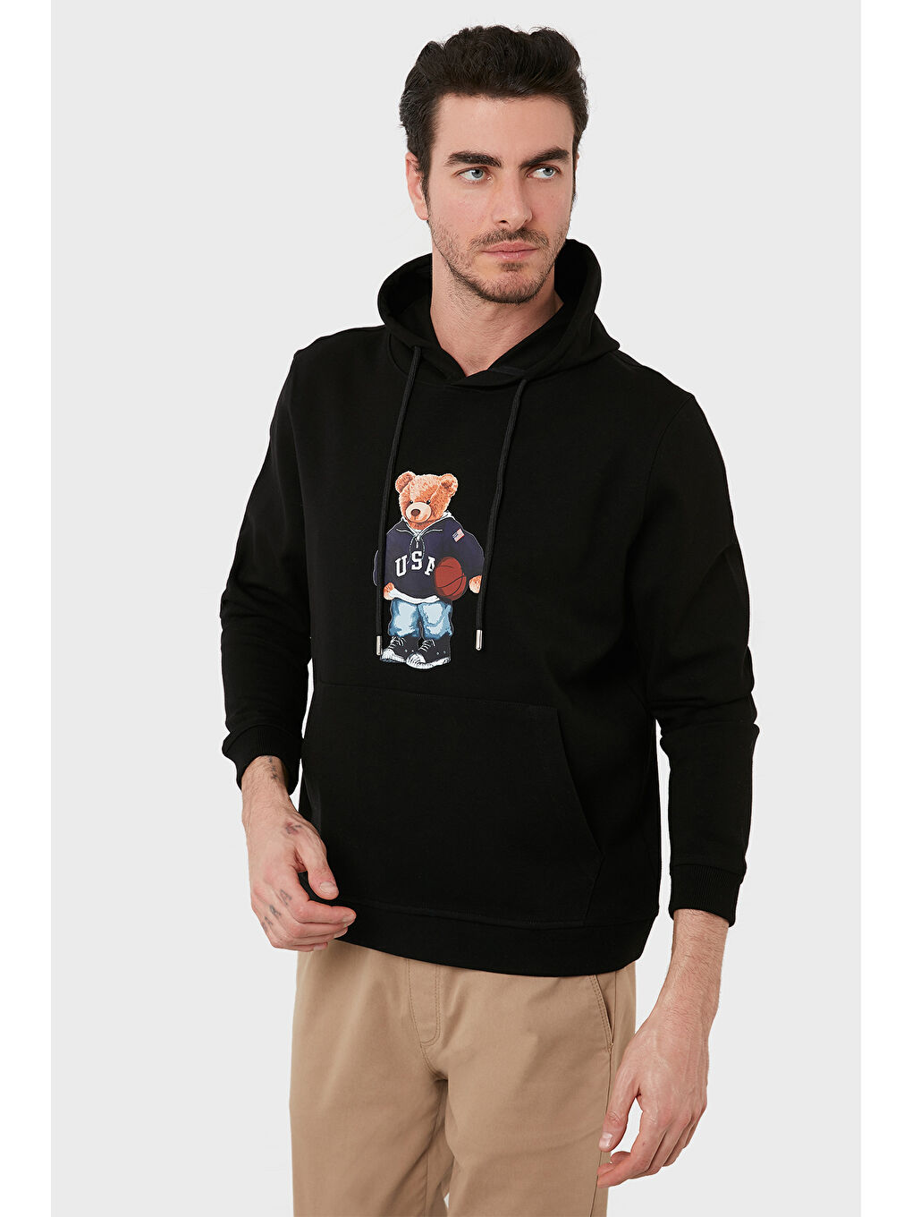 Siyah Baskılı Pamuklu Kapüşonlu Yaka Kanguru Cepli Sweat 6141003B-1