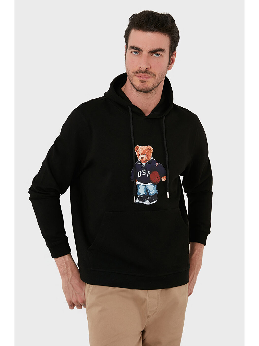 Siyah Baskılı Pamuklu Kapüşonlu Yaka Kanguru Cepli Sweat 6141003B-3