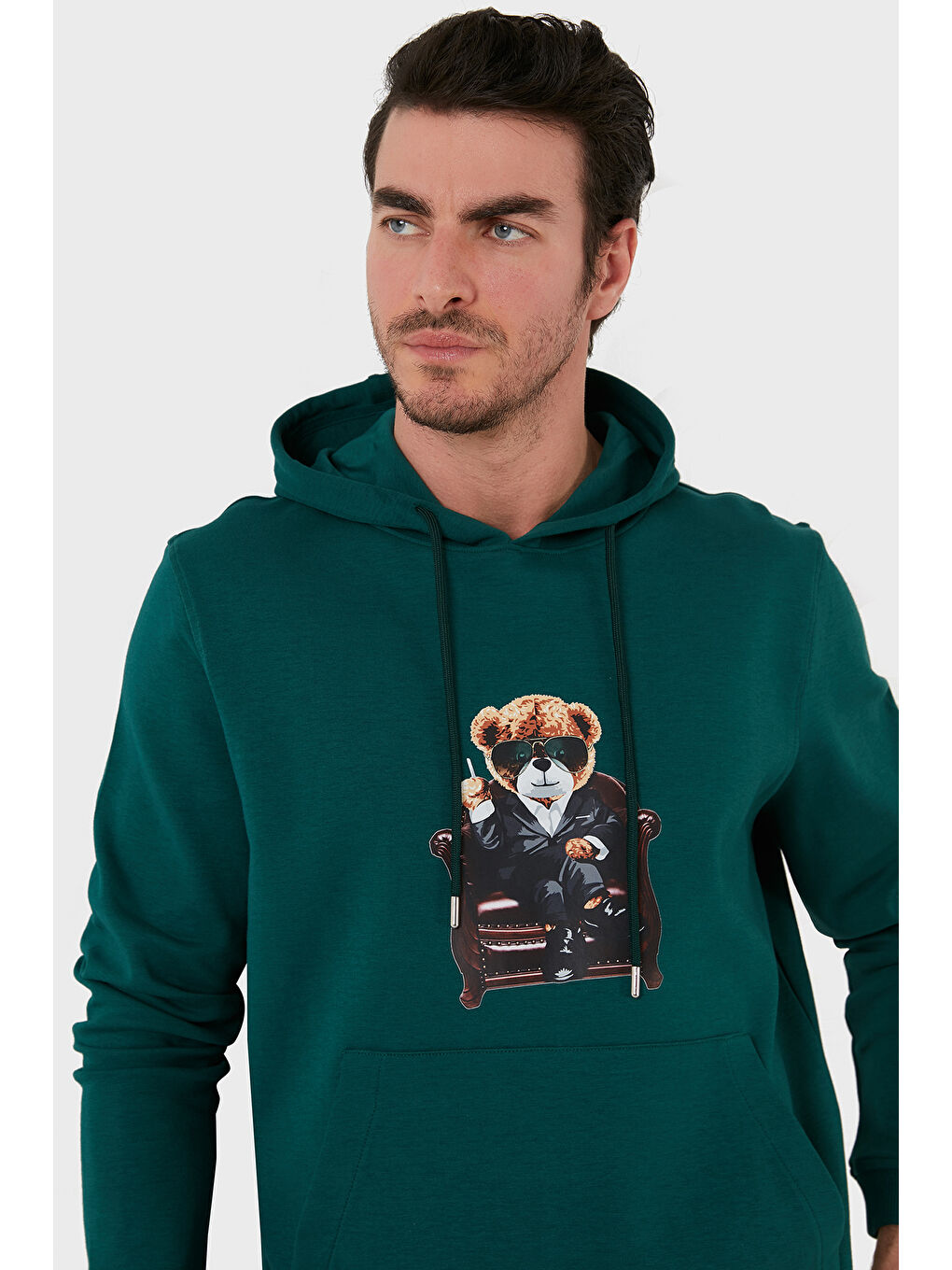 Petrol Pamuklu Regular Fit  Baskılı Kanguru Cepli Kapüşonlu Sweat 6141005B-1