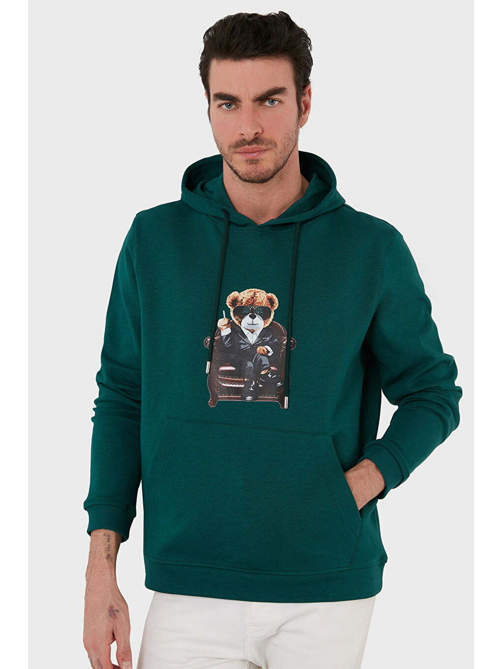 Petrol Pamuklu Regular Fit  Baskılı Kanguru Cepli Kapüşonlu Sweat 6141005B-2