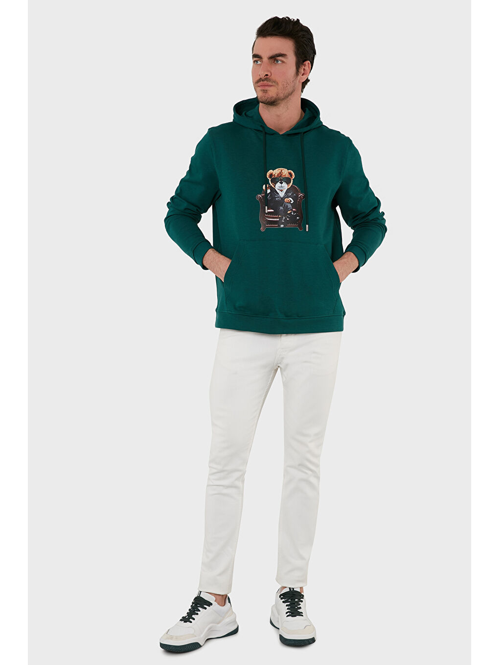 Petrol Pamuklu Regular Fit  Baskılı Kanguru Cepli Kapüşonlu Sweat 6141005B-3