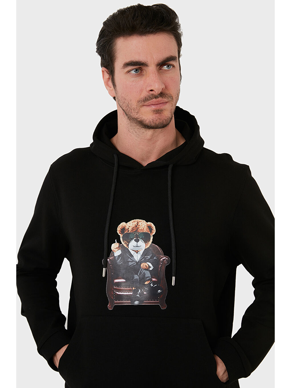 Siyah Pamuklu Regular Fit  Baskılı Kanguru Cepli Kapüşonlu Sweat 6141005B-2