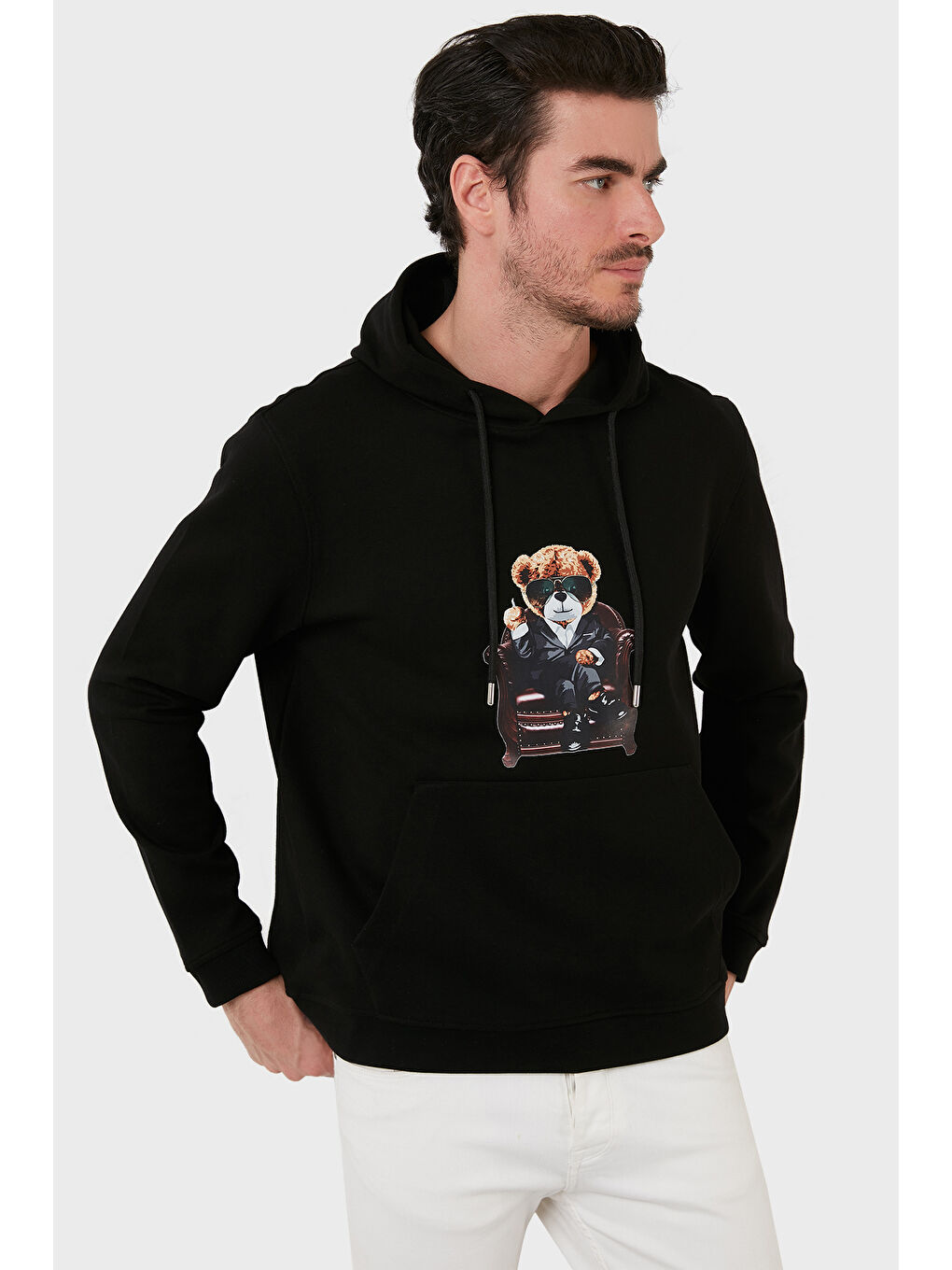 Siyah Pamuklu Regular Fit  Baskılı Kanguru Cepli Kapüşonlu Sweat 6141005B-3