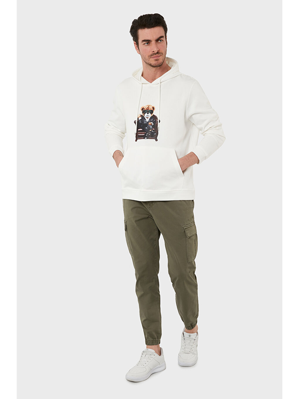 Ekru Pamuklu Regular Fit  Baskılı Kanguru Cepli Kapüşonlu Sweat 6141005B-1