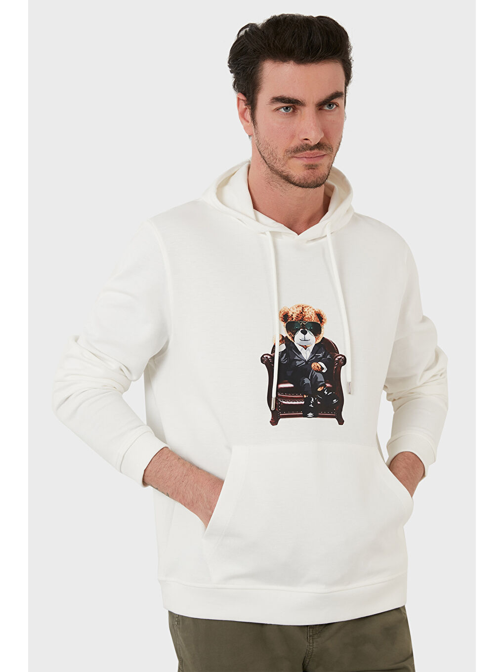 Ekru Pamuklu Regular Fit  Baskılı Kanguru Cepli Kapüşonlu Sweat 6141005B-2