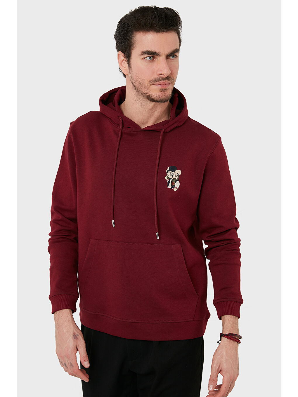 Bordo Pamuklu Regular Fit Kanguru Cepli Kapüşonlu Sweat 6141006B-2