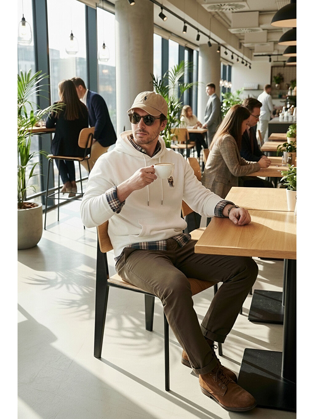 Ekru Pamuklu Regular Fit Kanguru Cepli Kapüşonlu Sweat 6141006B-1