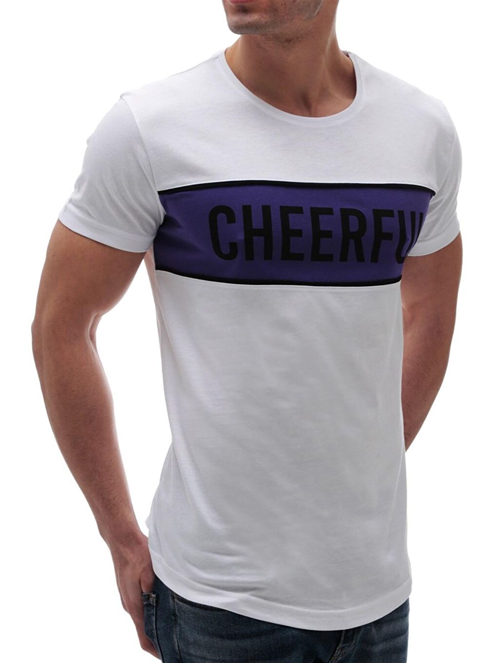 Baskılı Bisiklet Yaka Beyaz Tişört 2881-2