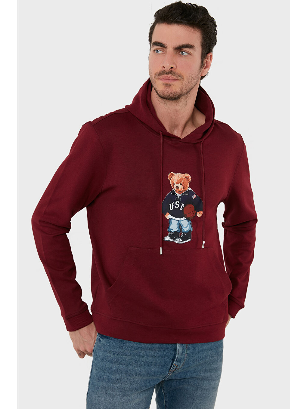 Bordo Baskılı Pamuklu Kapüşonlu Yaka Kanguru Cepli Sweat 6141003B-3