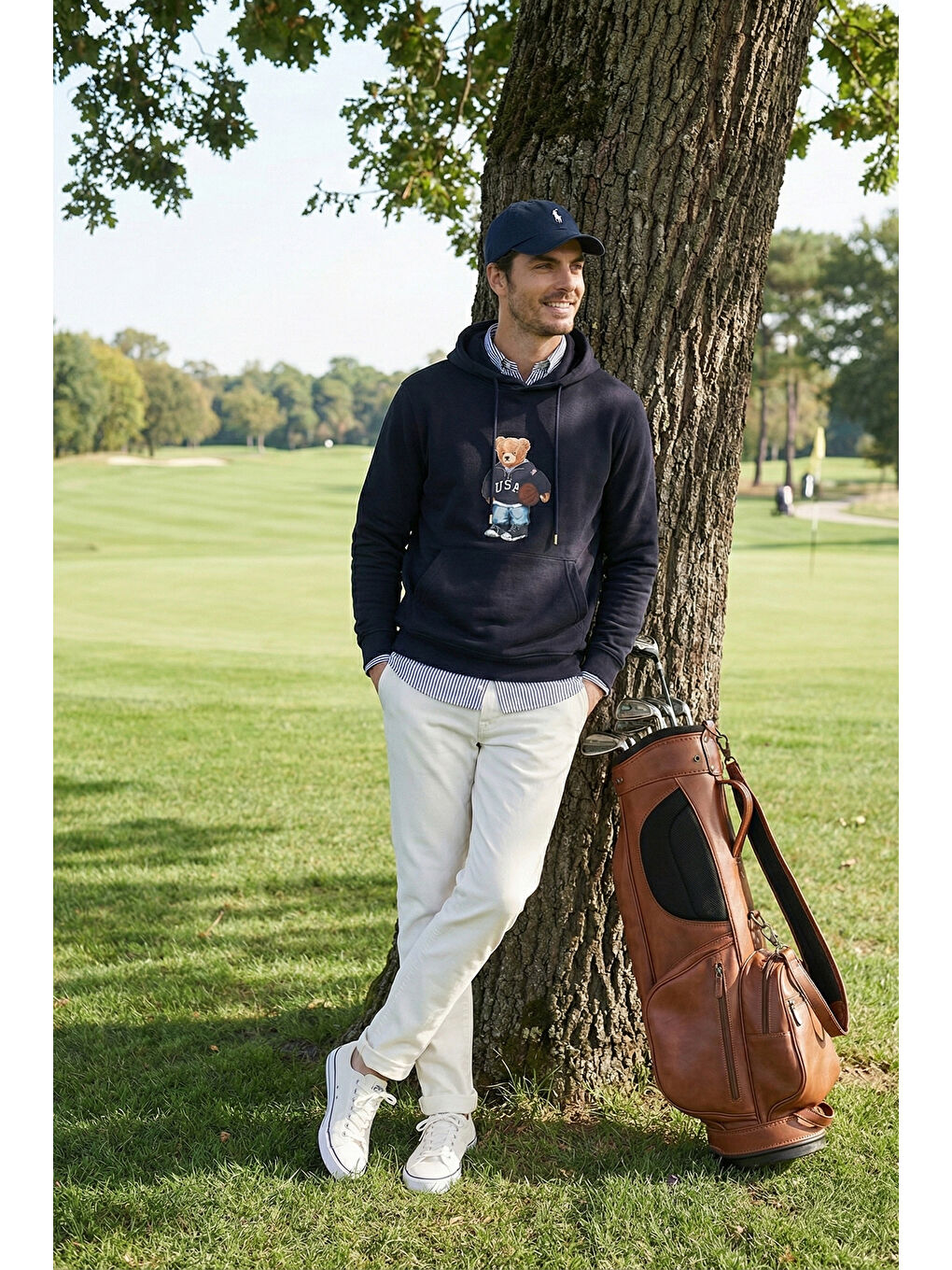 Lacivert Baskılı Pamuklu Kapüşonlu Yaka Kanguru Cepli Sweat 6141003B