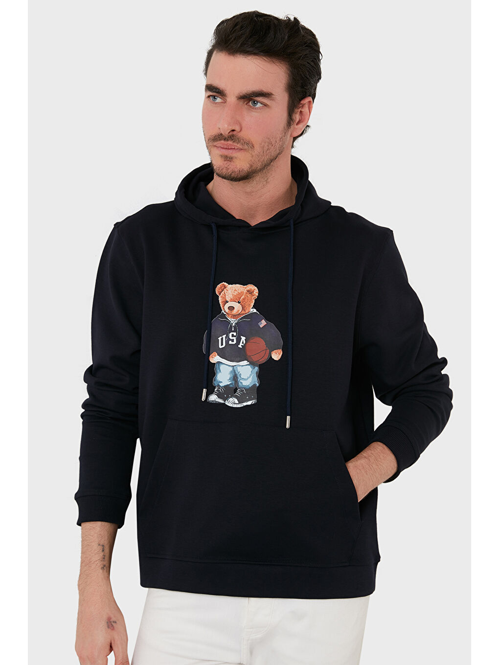 Lacivert Baskılı Pamuklu Kapüşonlu Yaka Kanguru Cepli Sweat 6141003B-1