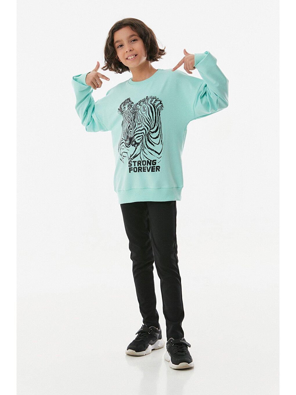 Turkuaz Zebra Baskılı Kız Çocuk Sweatshirt-1