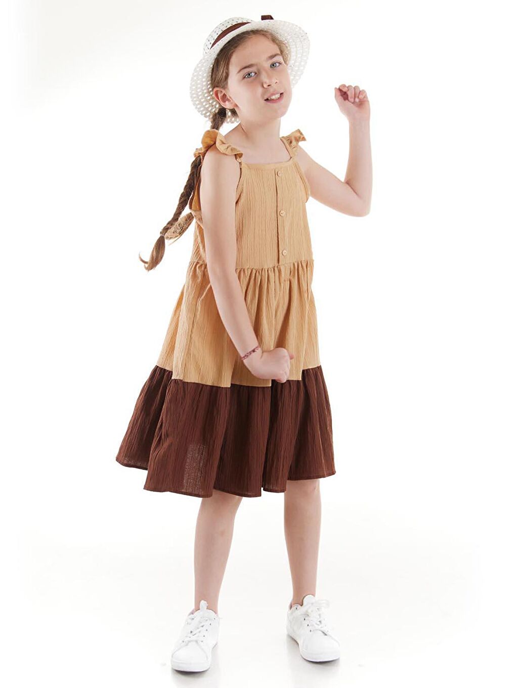 Bej Kız Çocuk Düğmeli Şapkalı Yazlık Elbise Pamuklu Ak2516-1
