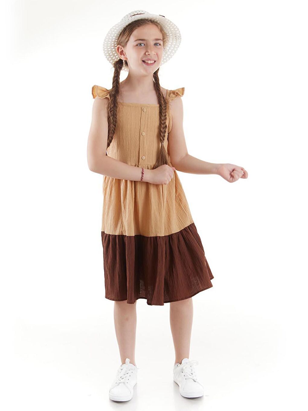 Bej Kız Çocuk Düğmeli Şapkalı Yazlık Elbise Pamuklu Ak2516-3