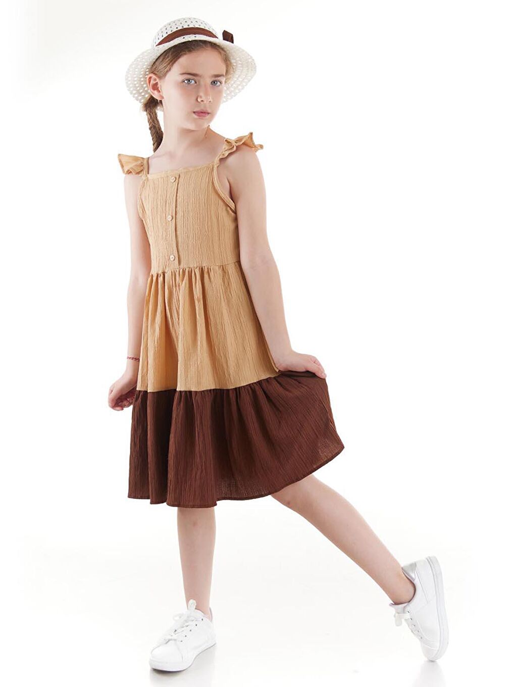 Bej Kız Çocuk Düğmeli Şapkalı Yazlık Elbise Pamuklu Ak2516-4