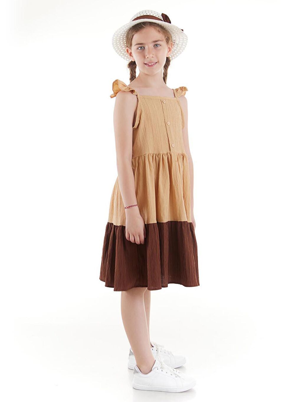 Bej Kız Çocuk Düğmeli Şapkalı Yazlık Elbise Pamuklu Ak2516-5