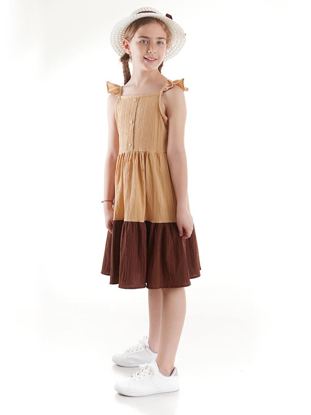 Bej Kız Çocuk Düğmeli Şapkalı Yazlık Elbise Pamuklu Ak2516-6