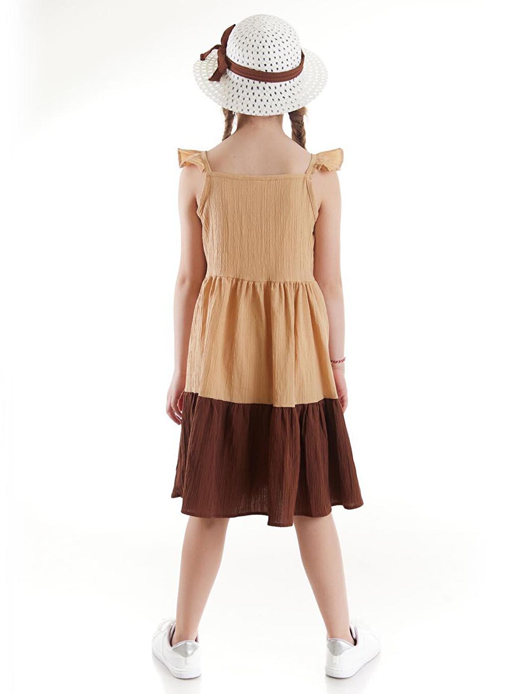 Bej Kız Çocuk Düğmeli Şapkalı Yazlık Elbise Pamuklu Ak2516-7