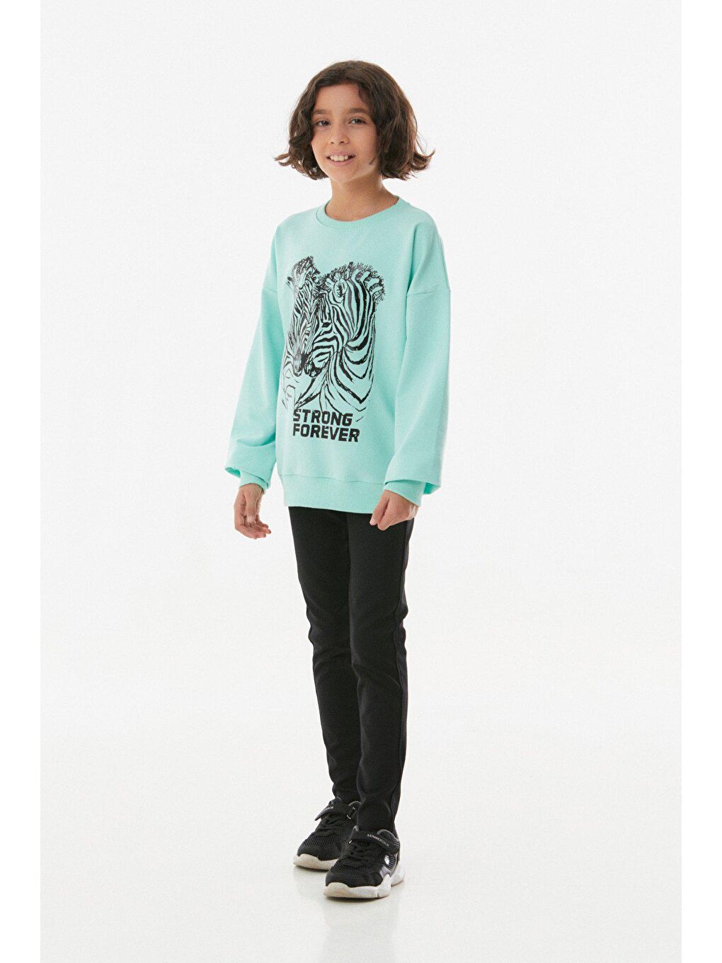 Turkuaz Zebra Baskılı Kız Çocuk Sweatshirt-4