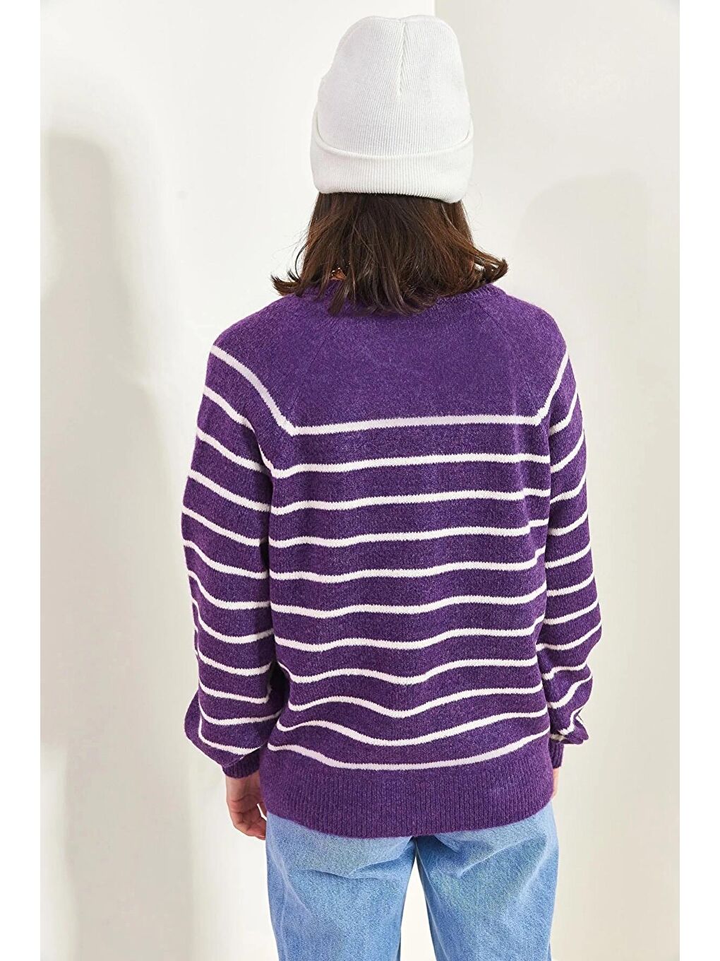 Mor Kadın Yakası İlikli Balıkçı Yaka Çizgili Triko Kazak-1