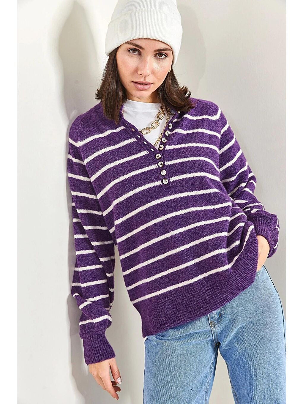 Mor Kadın Yakası İlikli Balıkçı Yaka Çizgili Triko Kazak-2