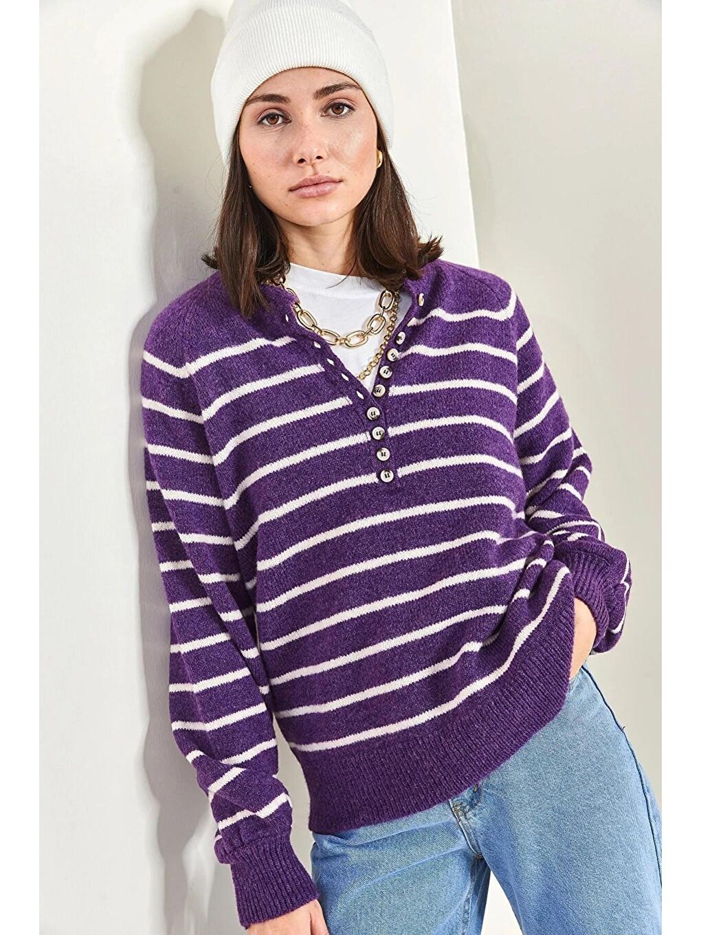Mor Kadın Yakası İlikli Balıkçı Yaka Çizgili Triko Kazak-3