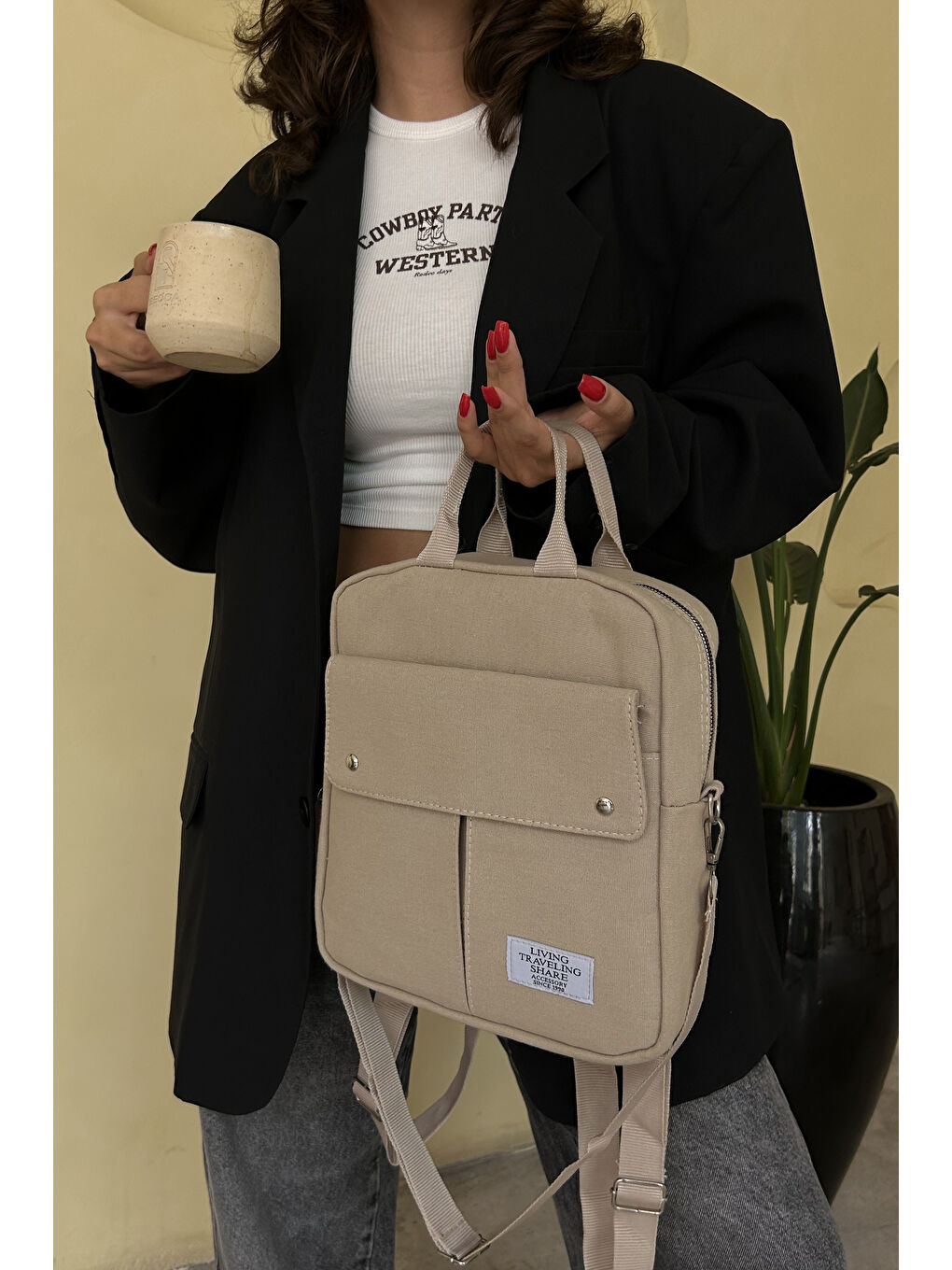 Ekru Marion 3 Ayrı Bölmeli Kadın Sırt Çantası BP-4796S-1