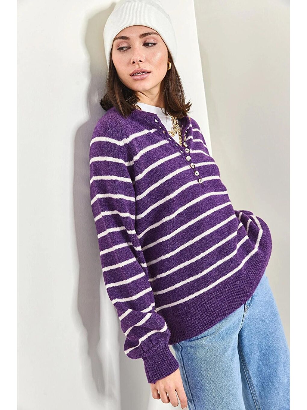 Mor Kadın Yakası İlikli Balıkçı Yaka Çizgili Triko Kazak-4
