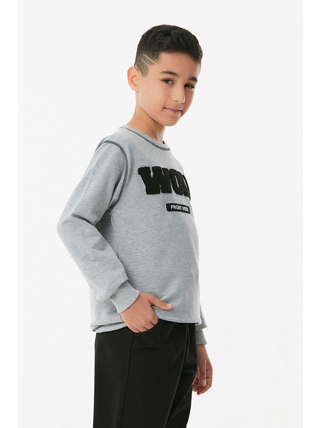 Gri Nakışlı Bisiklet Yaka Jogger Erkek Çocuk Eşofman Takımı-2